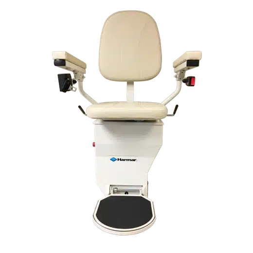 HARMAR stairlift facing forward with footrest and seat folded down