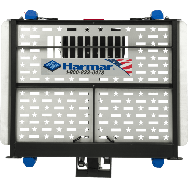 Metal platform with star patterns, Harmar logo, and contact number.