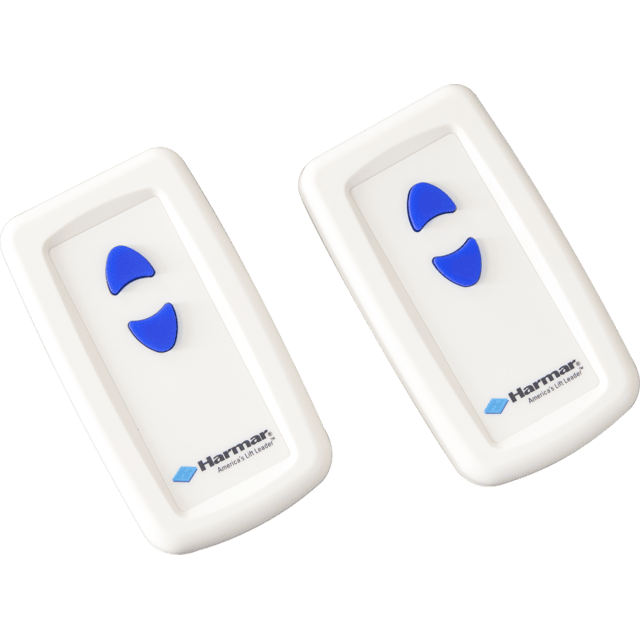Two white remote controls with blue directional arrow buttons and "Harmar" branding in the corner.