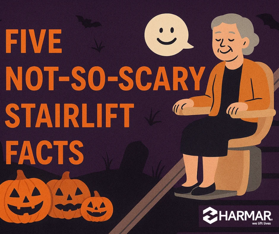 A cartoon images of an older woman on a stairlifts with jack-o-lanterns and a spooky graveyard.